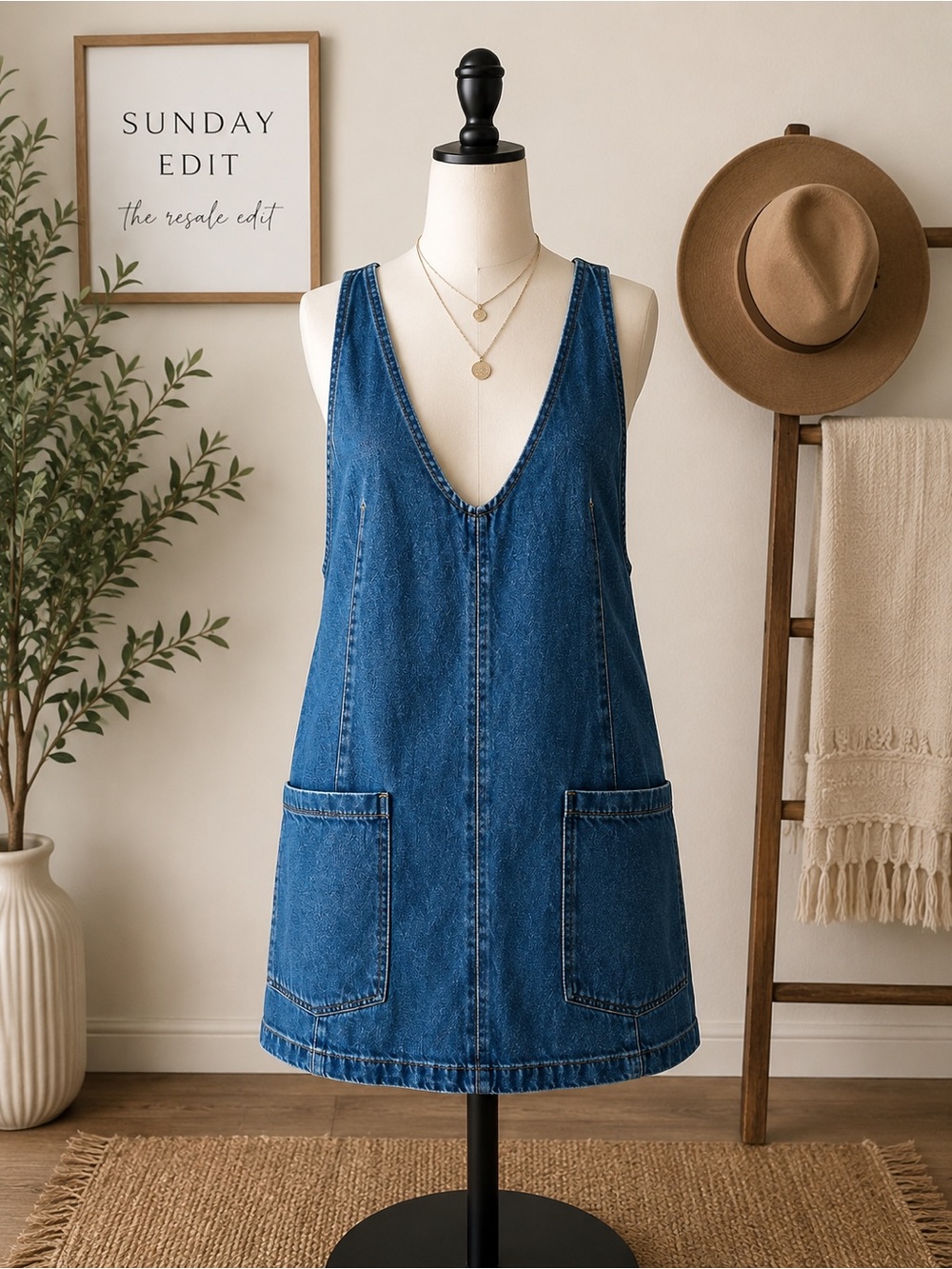 Free People Blue Denim V-Neck Pinafore Mini Dress